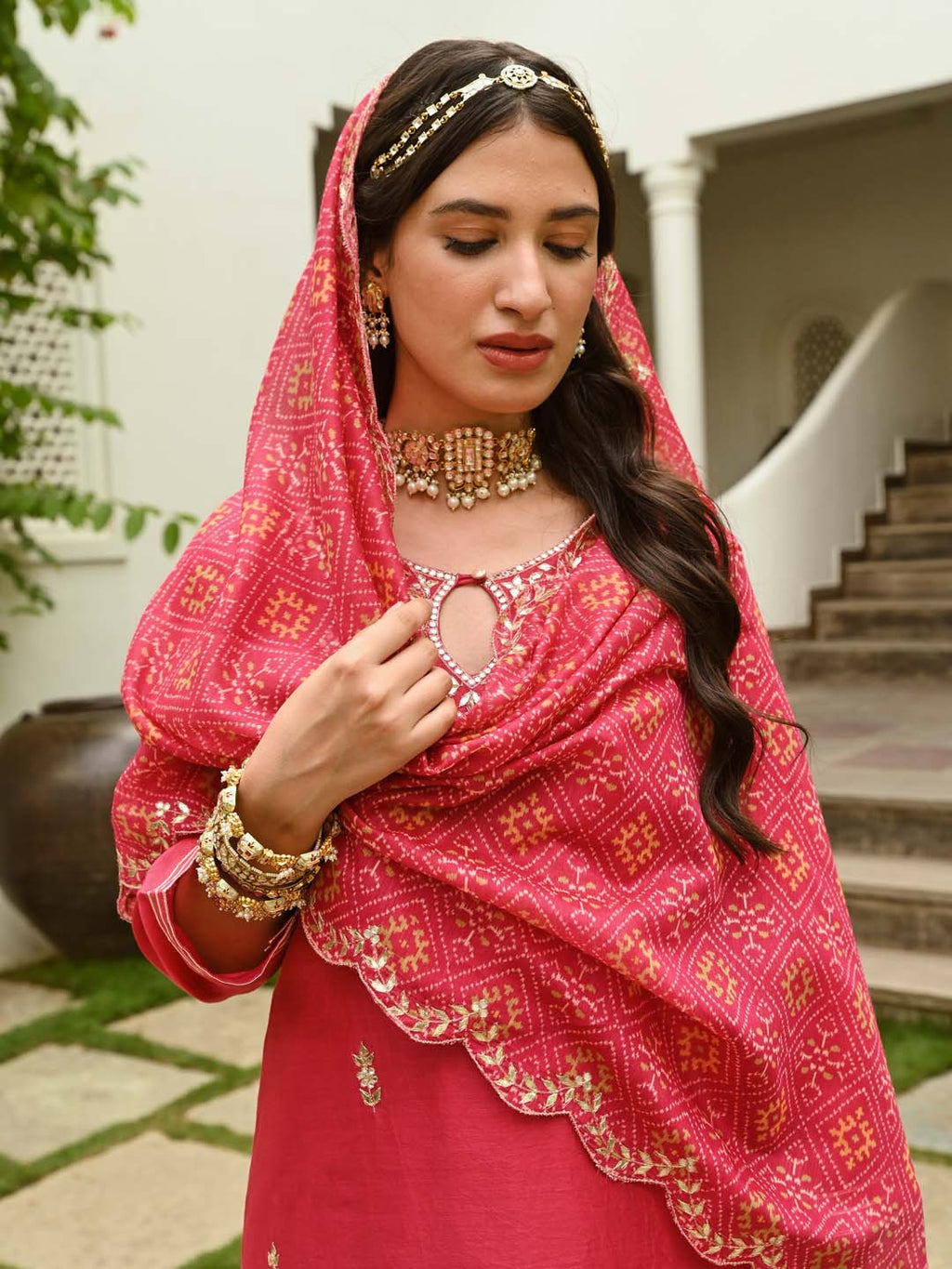 Gota Embroidered Chanderi Kurta With Skirt & Dupatta