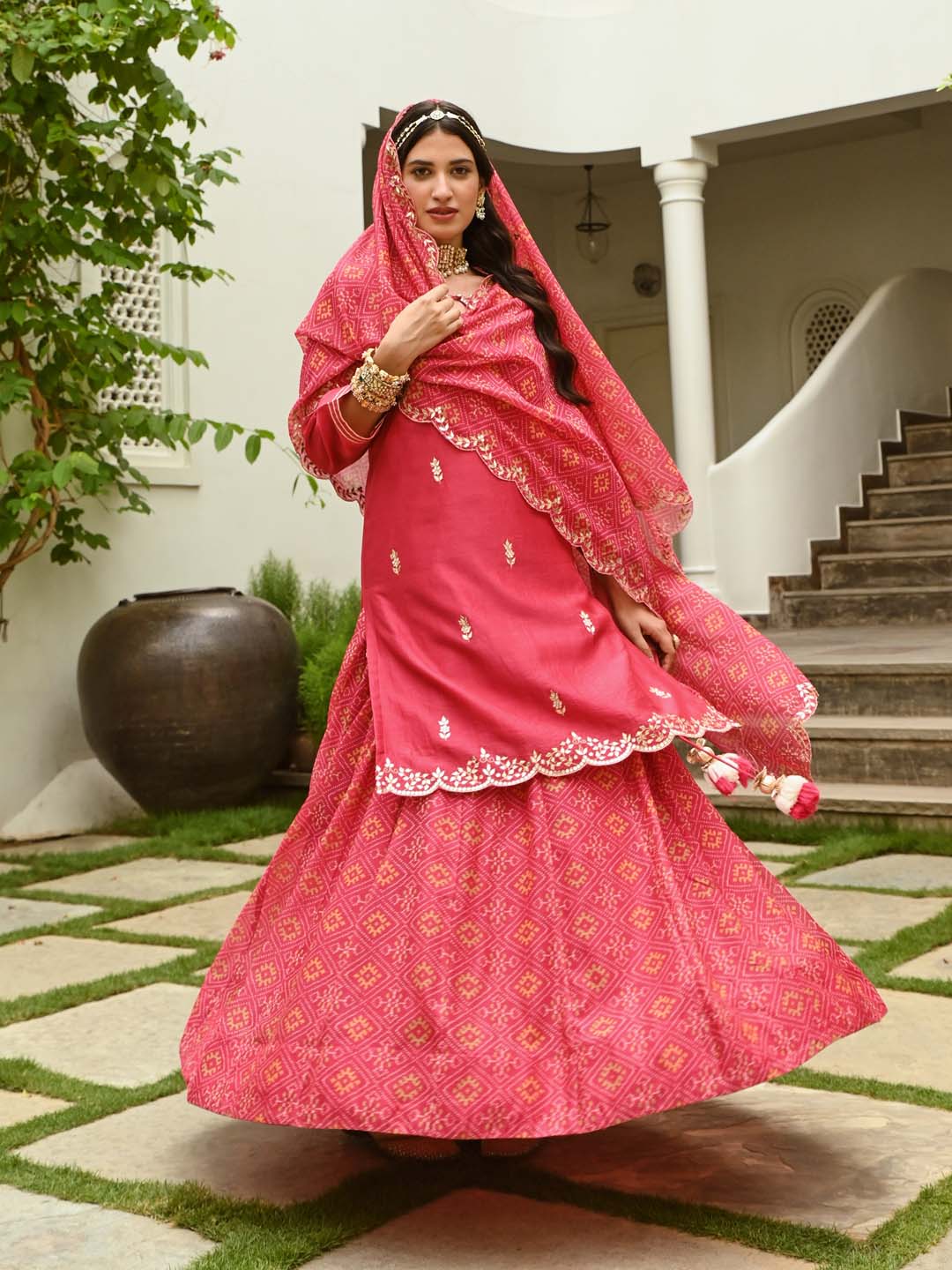Gota Embroidered Chanderi Kurta With Skirt & Dupatta
