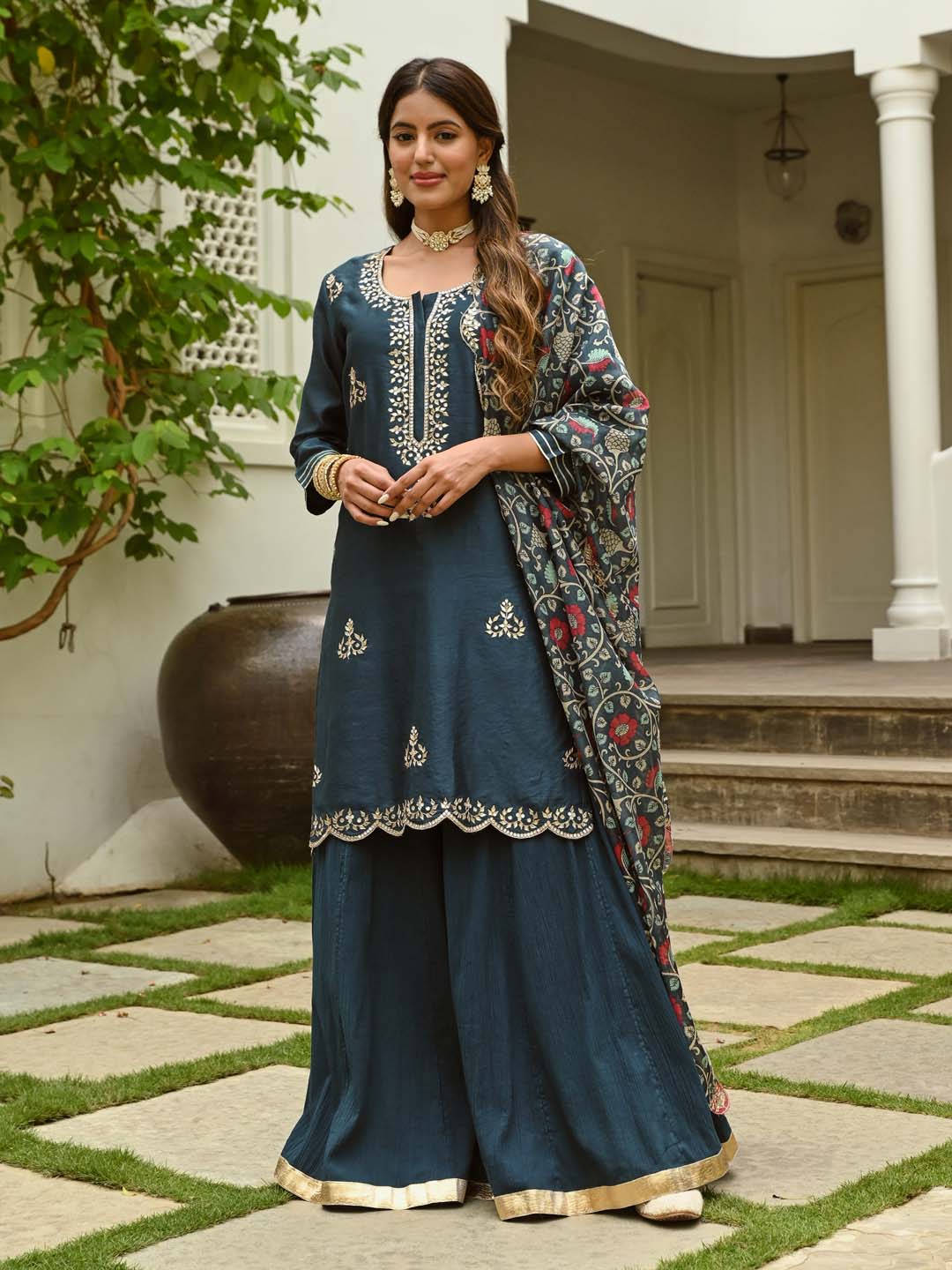 Gota Embroidered Chanderi Kurta With Skirt &amp; Dupatta