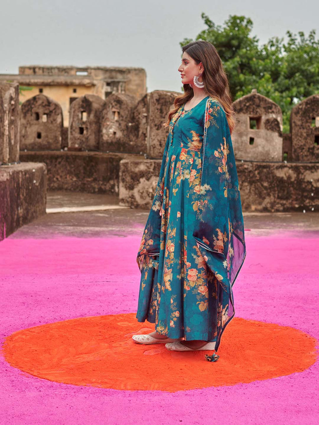 Floral Printed Cotton Kurta With Pants & Dupatta