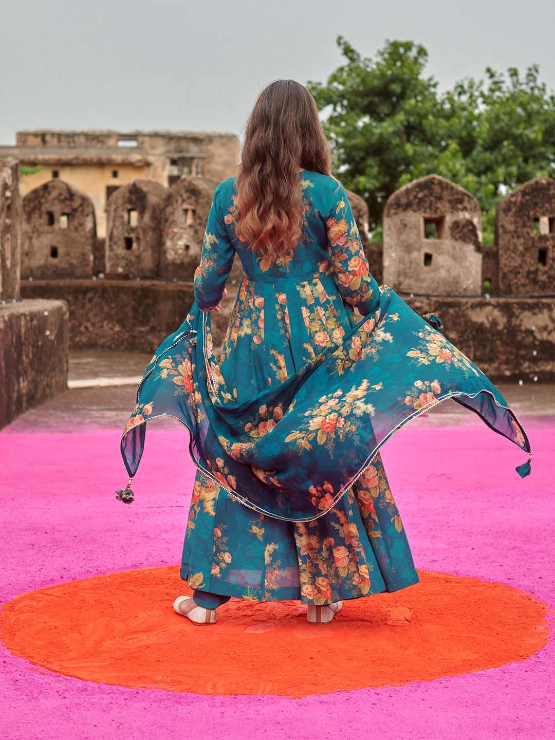 Floral Printed Cotton Kurta With Pants &amp; Dupatta