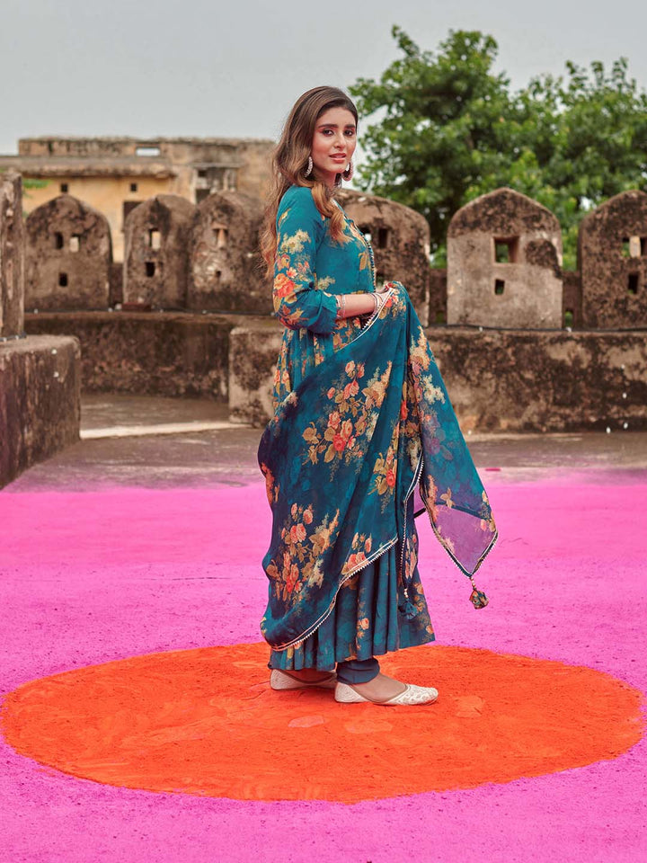 Floral Printed Cotton Kurta With Pants &amp; Dupatta