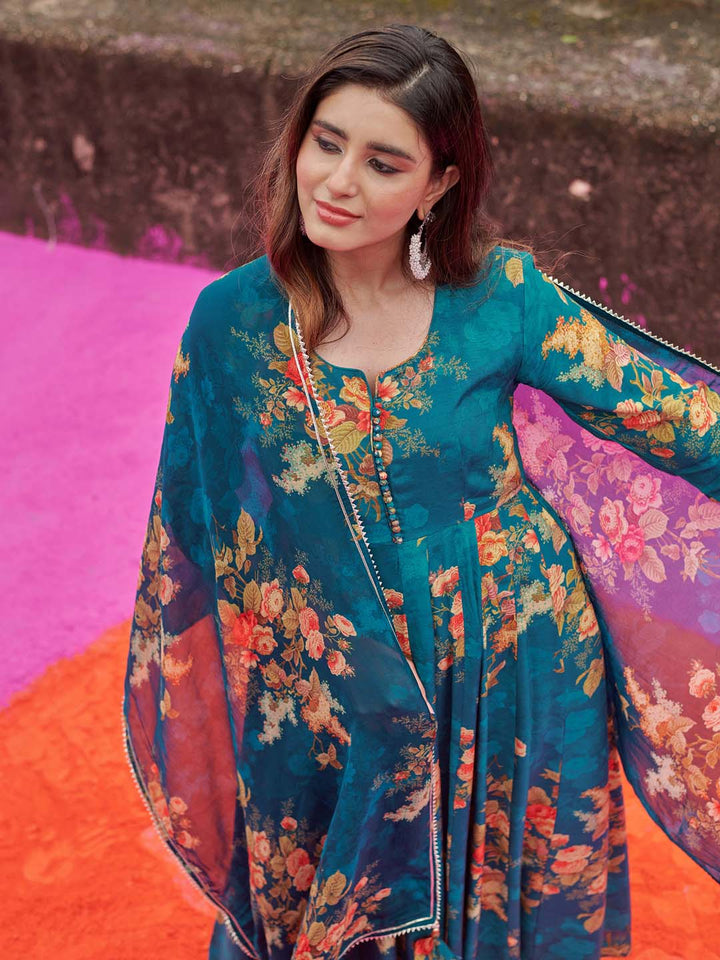 Floral Printed Cotton Kurta With Pants &amp; Dupatta