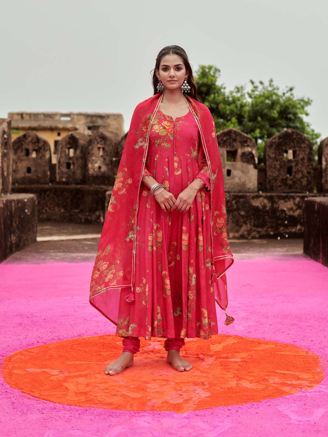 Floral Printed Cotton Kurta With Pants & Dupatta