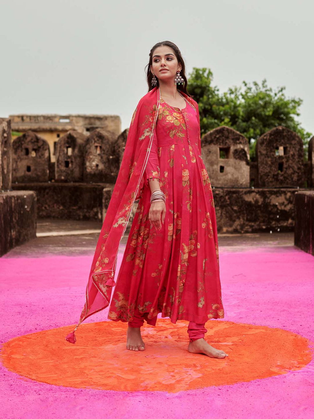 Floral Printed Cotton Kurta With Pants & Dupatta