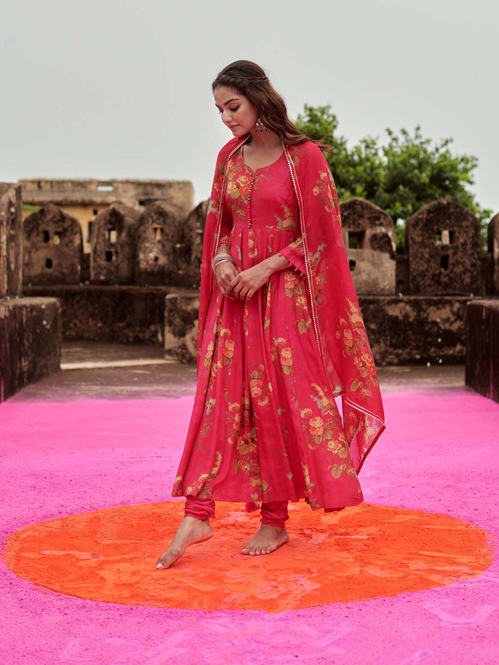 Floral Printed Cotton Kurta With Pants & Dupatta