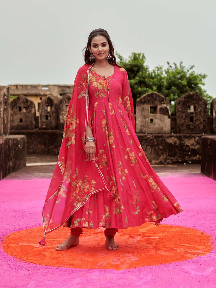 Floral Printed Cotton Kurta With Pants &amp; Dupatta