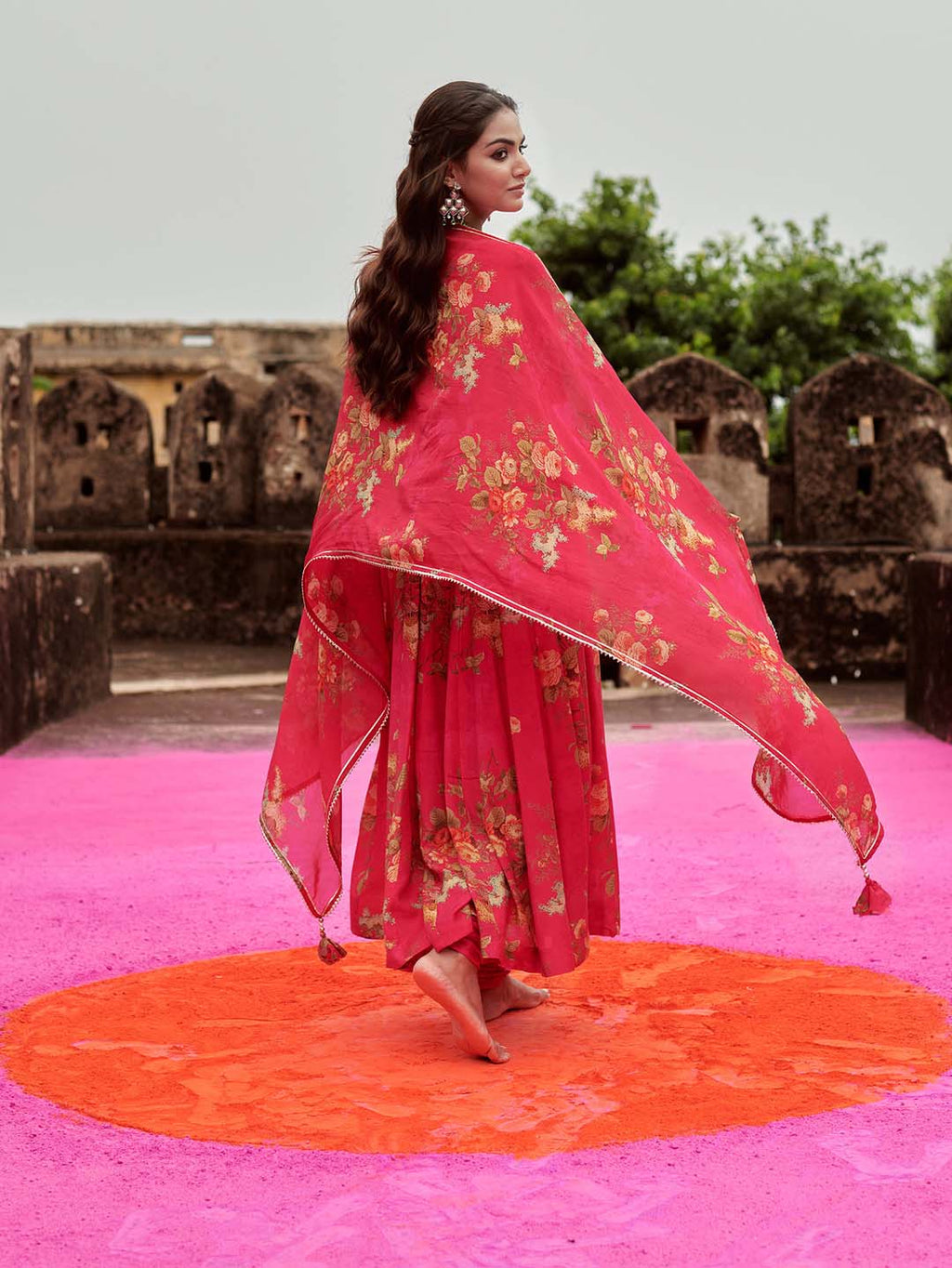 Floral Printed Cotton Kurta With Pants & Dupatta