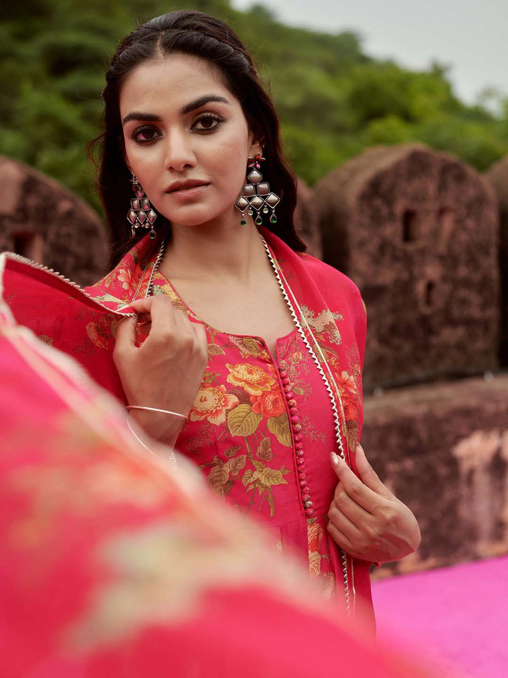 Floral Printed Cotton Kurta With Pants & Dupatta
