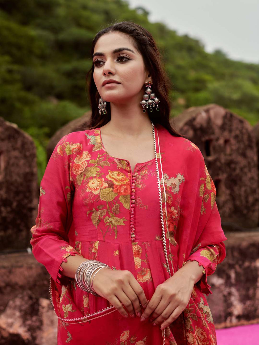 Floral Printed Cotton Kurta With Pants & Dupatta