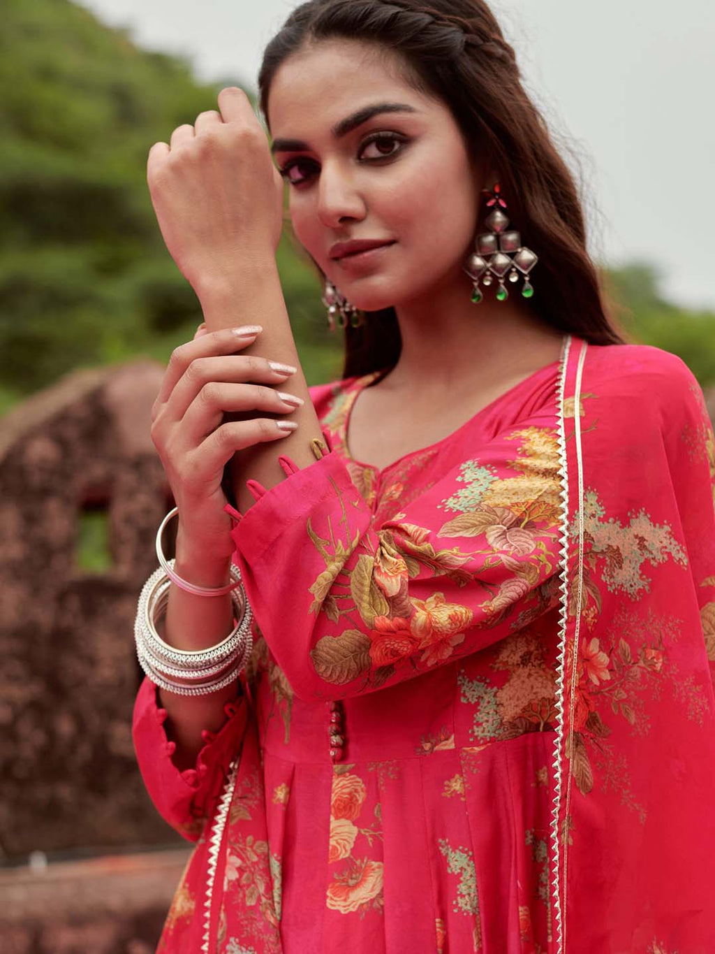 Floral Printed Cotton Kurta With Pants & Dupatta