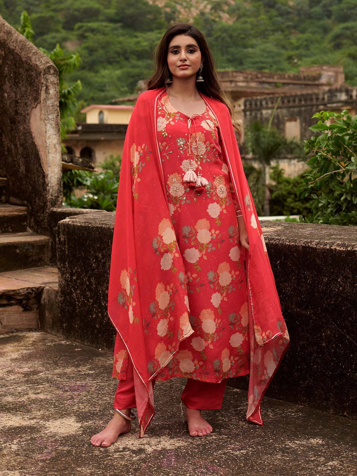Floral Printed Cotton Kurta With Pants &amp; Dupatta