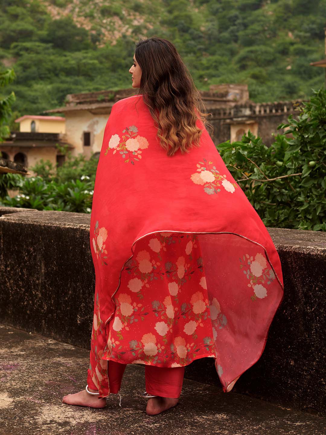 Floral Printed Cotton Kurta With Pants &amp; Dupatta