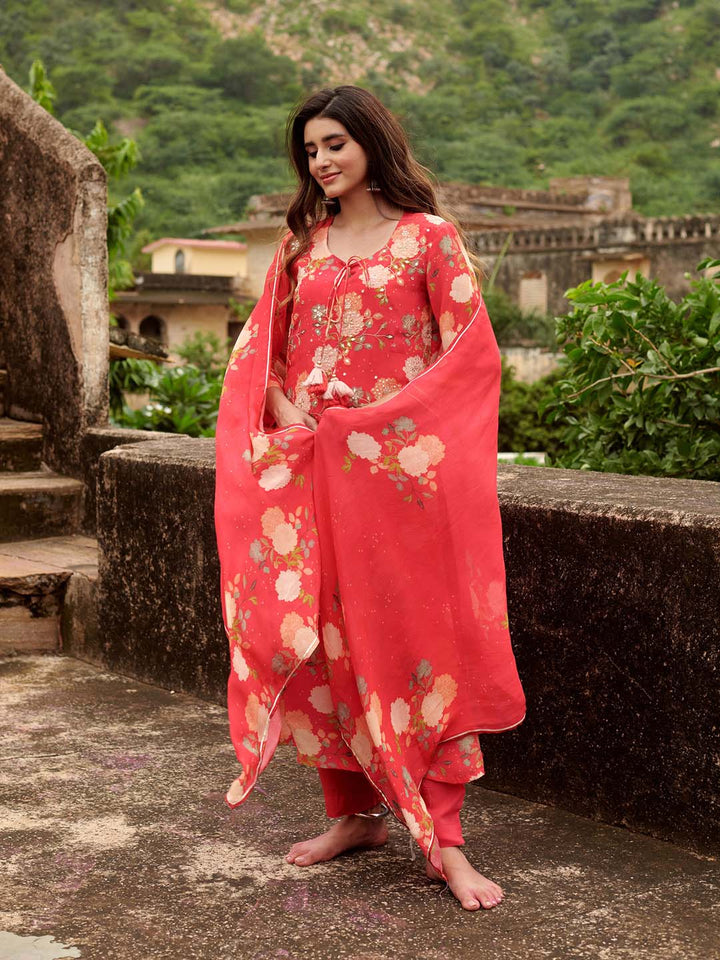 Floral Printed Cotton Kurta With Pants &amp; Dupatta