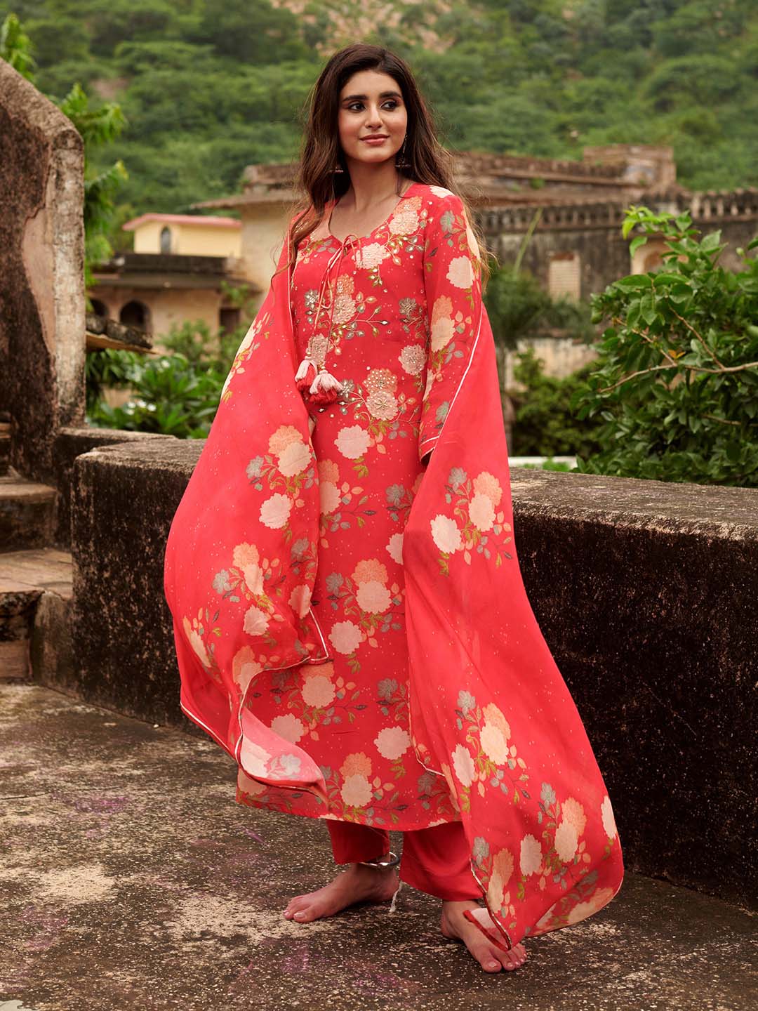Floral Printed Cotton Kurta With Pants &amp; Dupatta