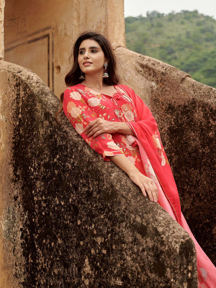 Floral Printed Cotton Kurta With Pants &amp; Dupatta