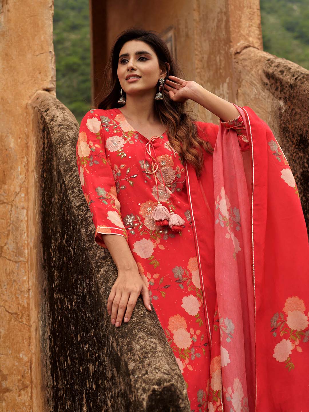 Floral Printed Cotton Kurta With Pants &amp; Dupatta