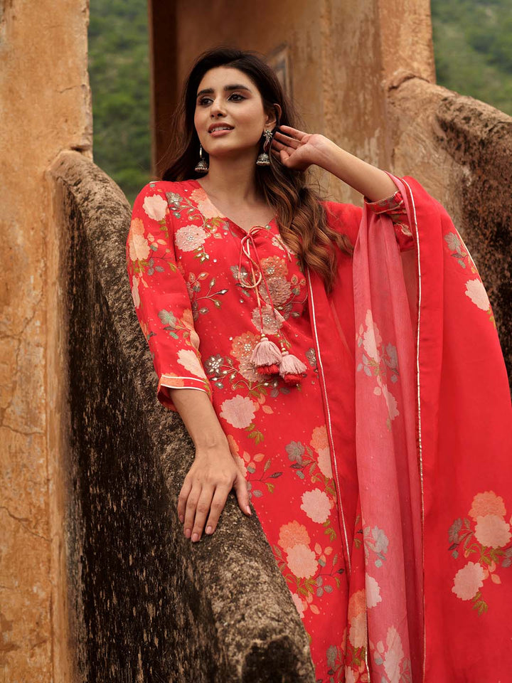 Floral Printed Cotton Kurta With Pants &amp; Dupatta