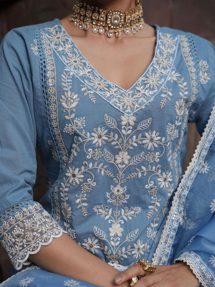 Floral Embroidery Kurta With Pants &amp; Dupatta