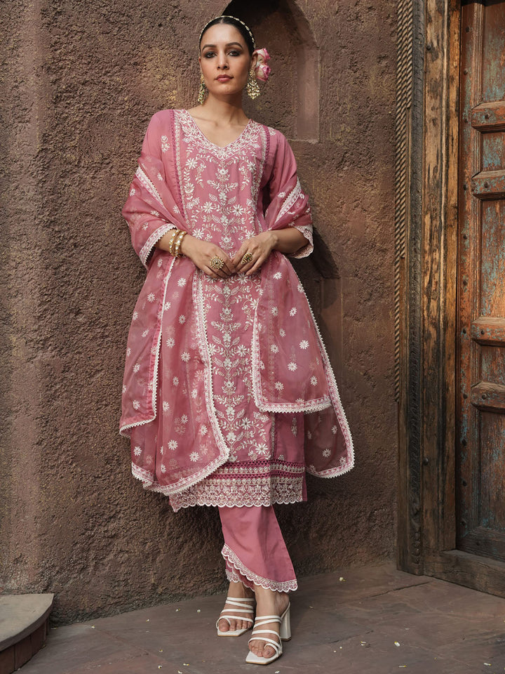Floral Embroidery Kurta With Pants &amp; Dupatta