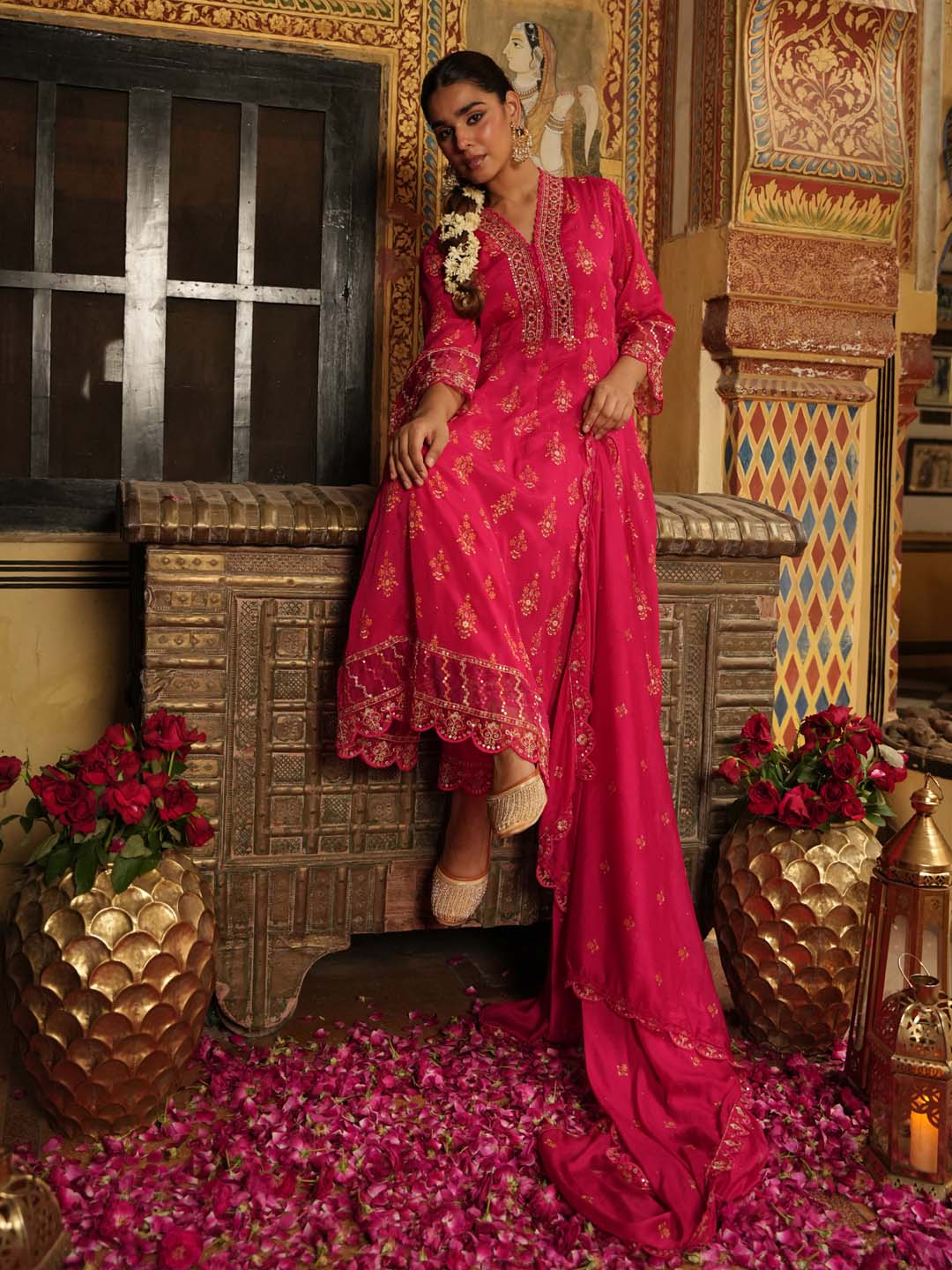 Printed Chinnon Kurta With Pants &amp; Dupatta