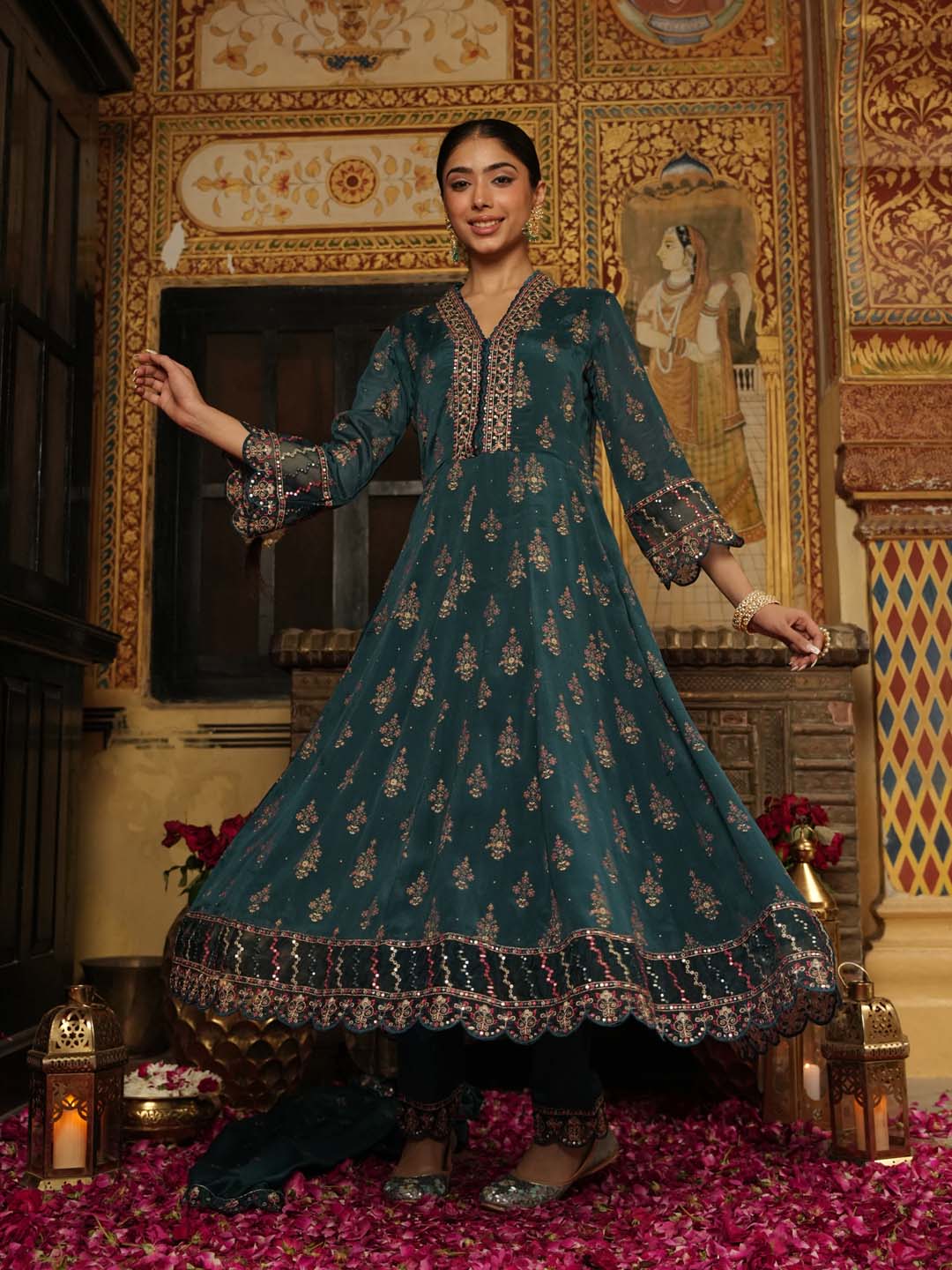 Printed Chinnon Kurta With Pants &amp; Dupatta