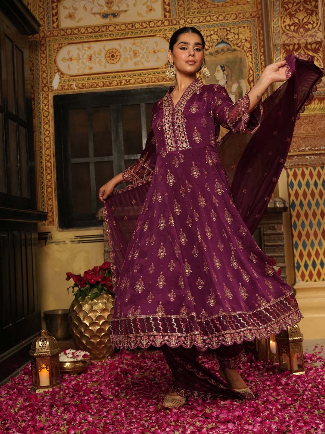 Printed Chinnon Kurta With Pants &amp; Dupatta