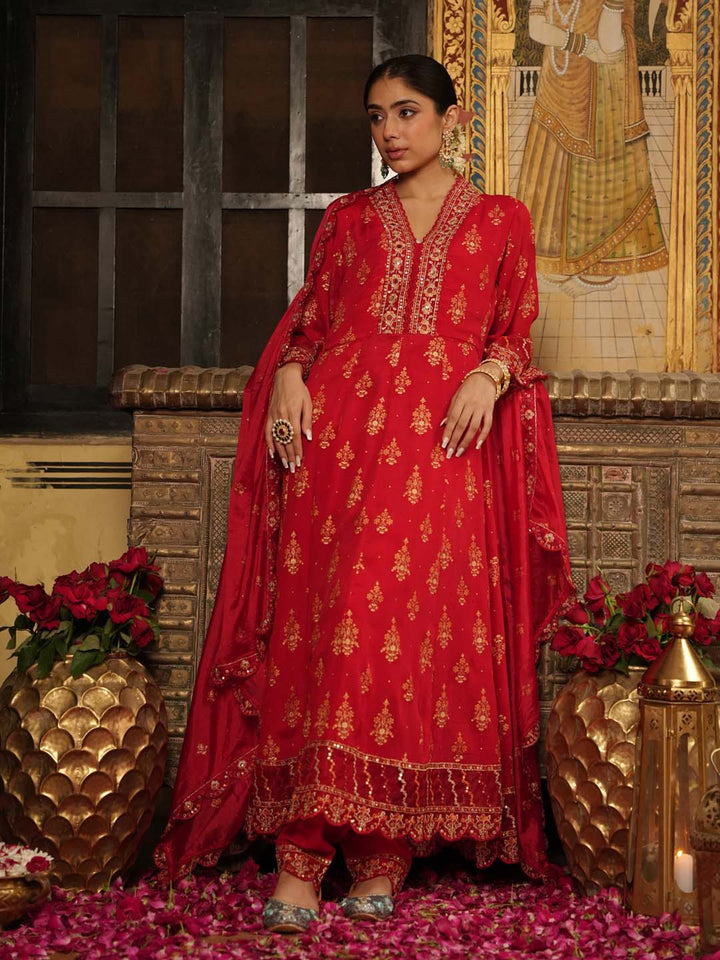 Printed Chinnon Kurta With Pants &amp; Dupatta
