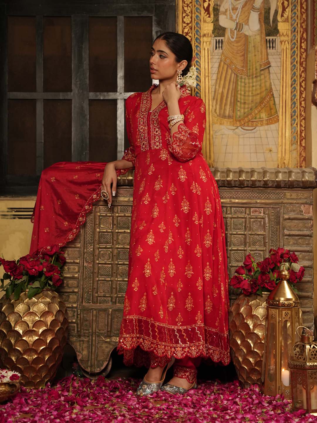 Printed Chinnon Kurta With Pants &amp; Dupatta