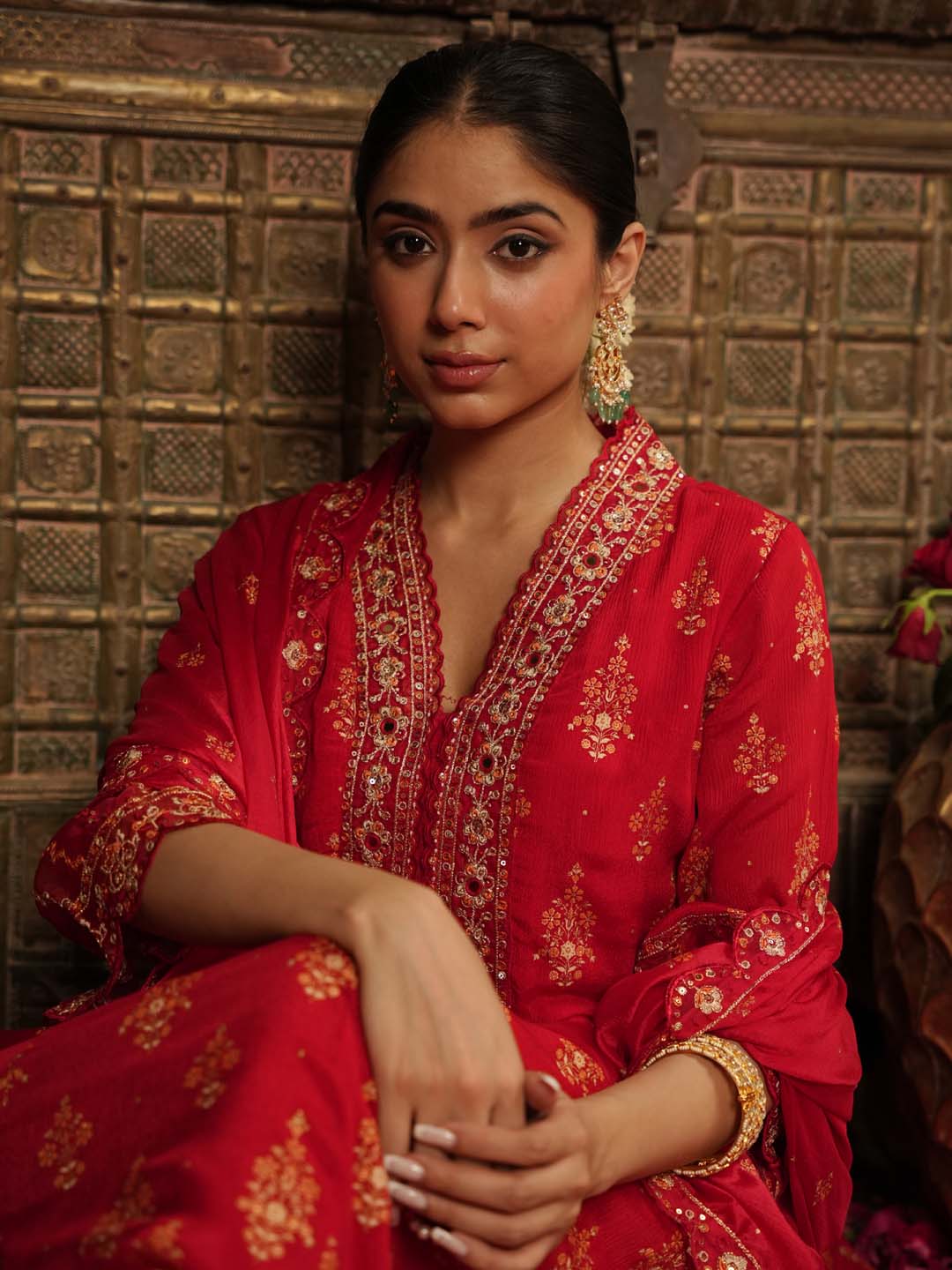 Printed Chinnon Kurta With Pants &amp; Dupatta