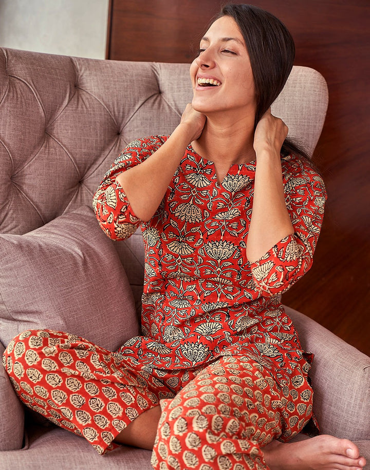 Rust Block Printed Cotton Short Kurti Set