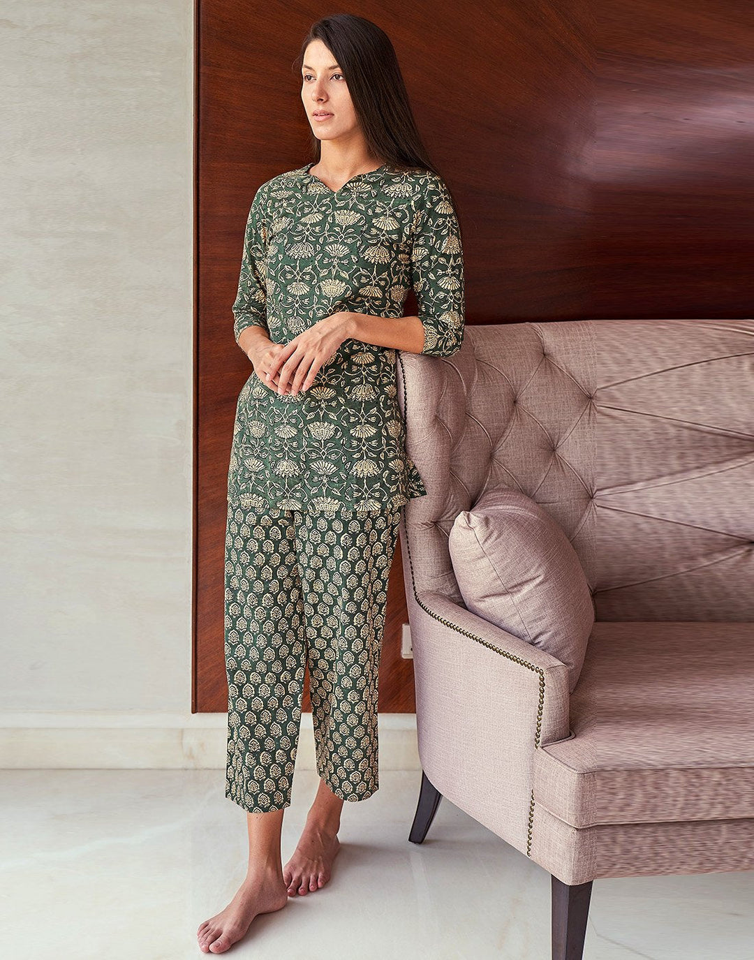 Bottle Green Cotton Printed Short Kurti Set