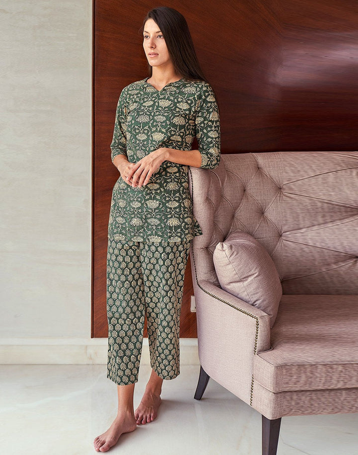 Bottle Green Cotton Printed Short Kurti Set