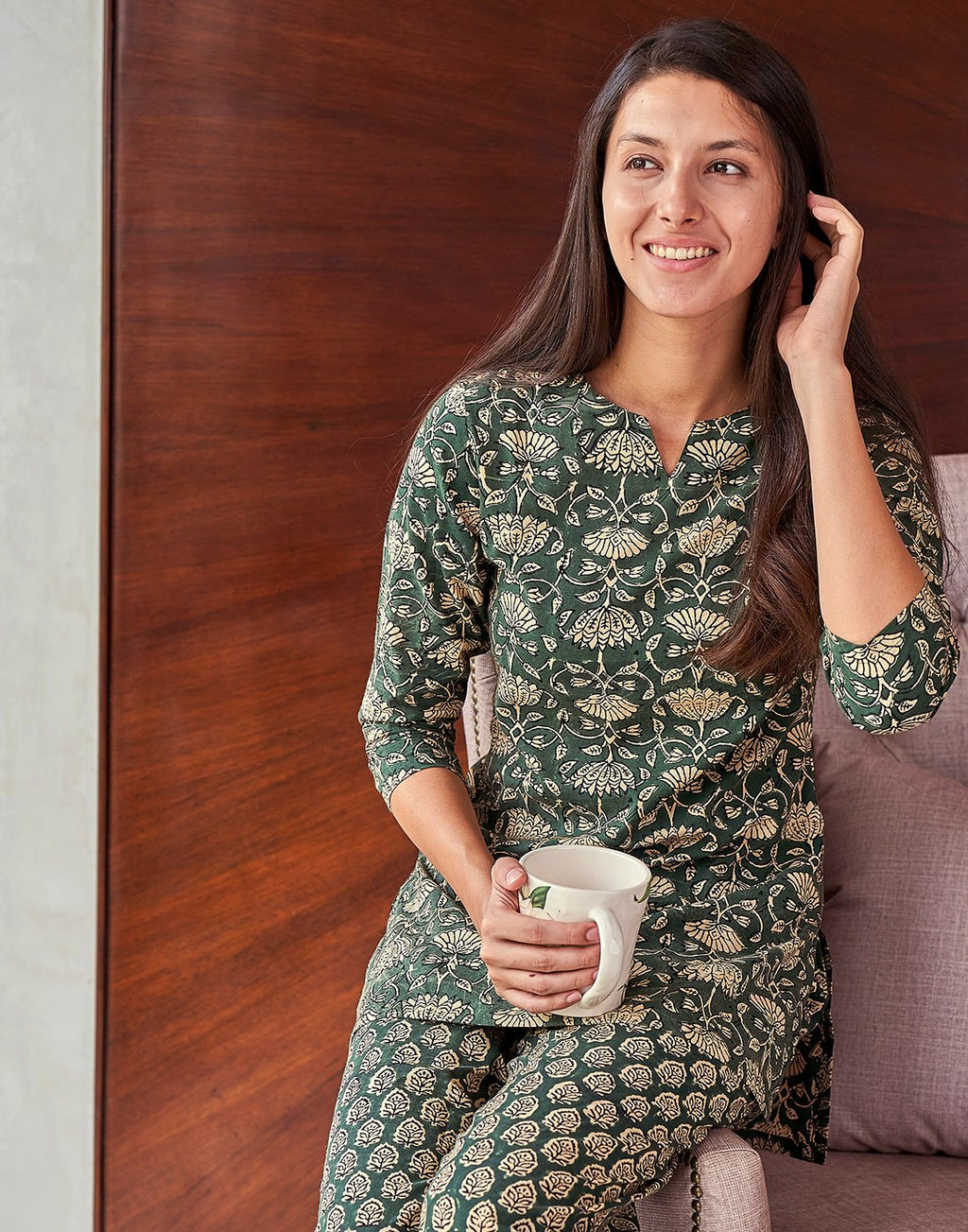 Bottle Green Cotton Printed Short Kurti Set