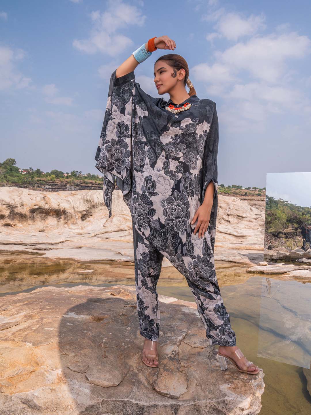 Printed Crepe Kaftan With Pants