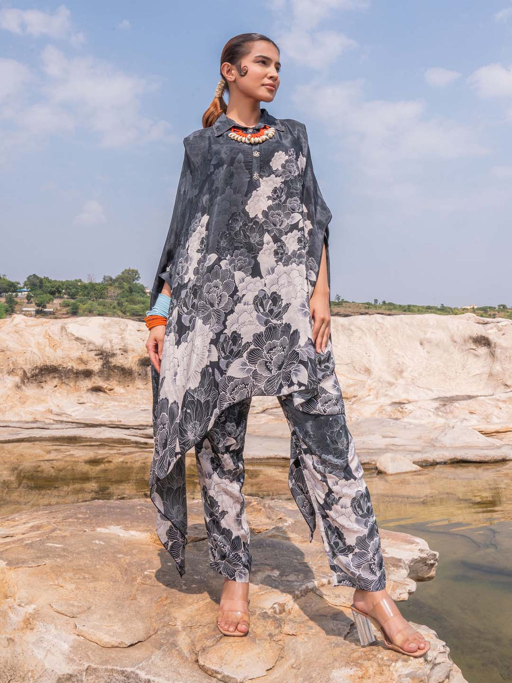 Printed Crepe Kaftan With Pants