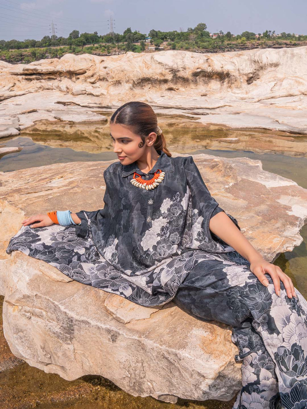 Printed Crepe Kaftan With Pants