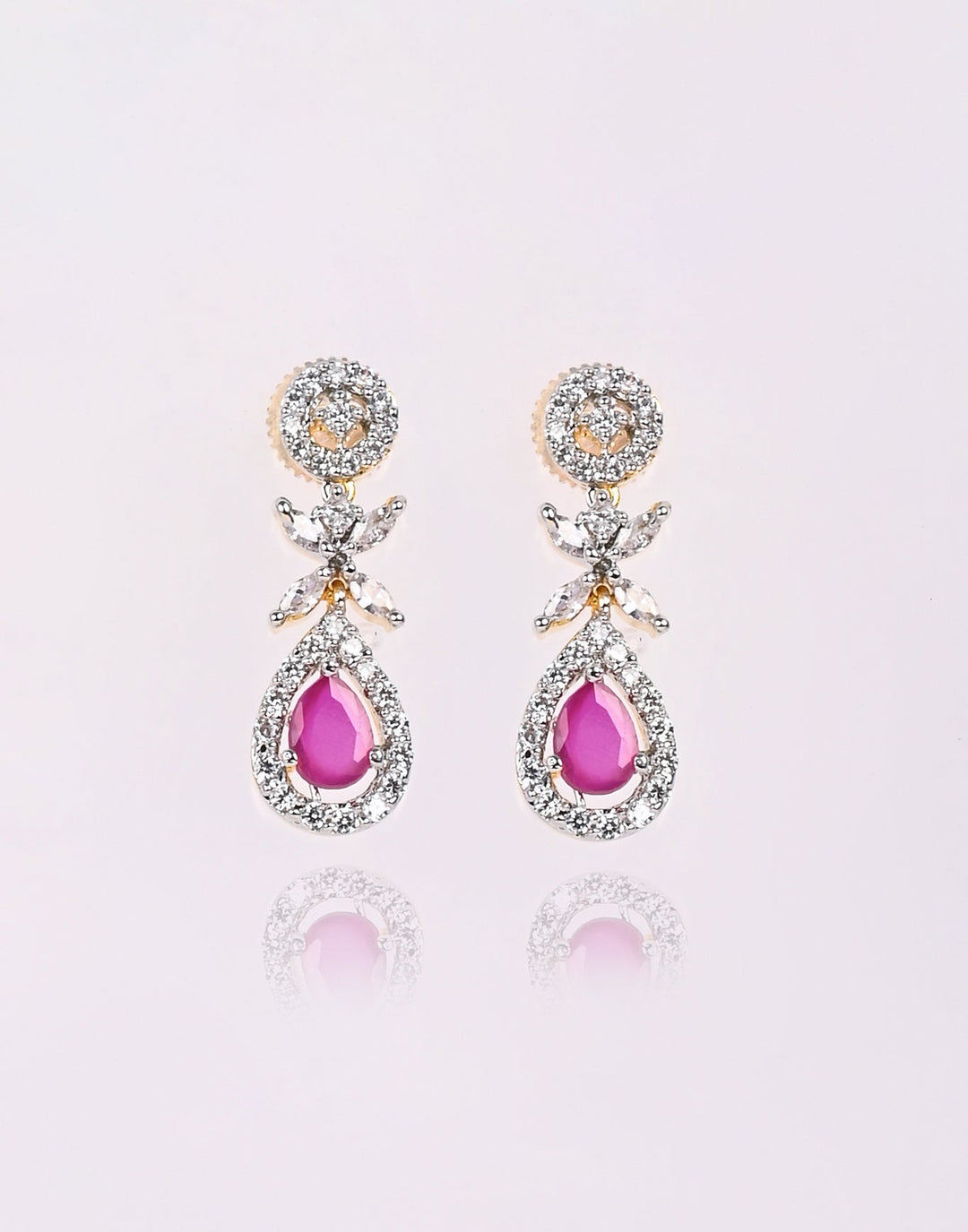 Gold And Silver Plated Earrings With Diamond And Pink Stone