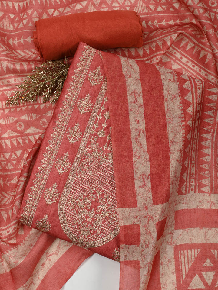 Embroidered Chanderi Unstitched Suit Piece With Dupatta