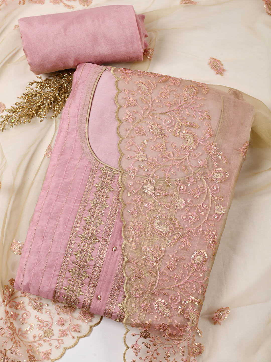 Neck Embroidered Chanderi Unstitched Suit Piece With Dupatta