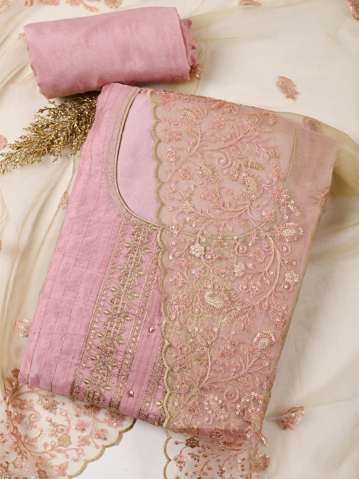 Neck Embroidered Chanderi Unstitched Suit Piece With Dupatta
