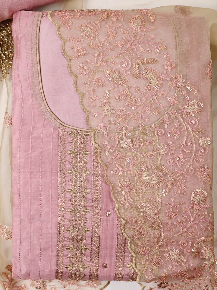 Neck Embroidered Chanderi Unstitched Suit Piece With Dupatta