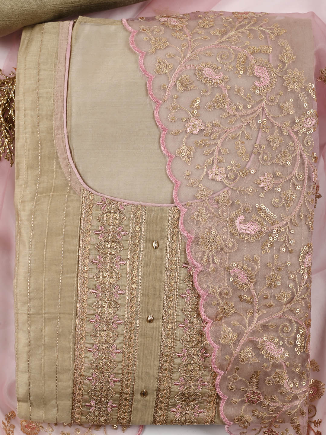 Neck Embroidered Chanderi Unstitched Suit Piece With Dupatta