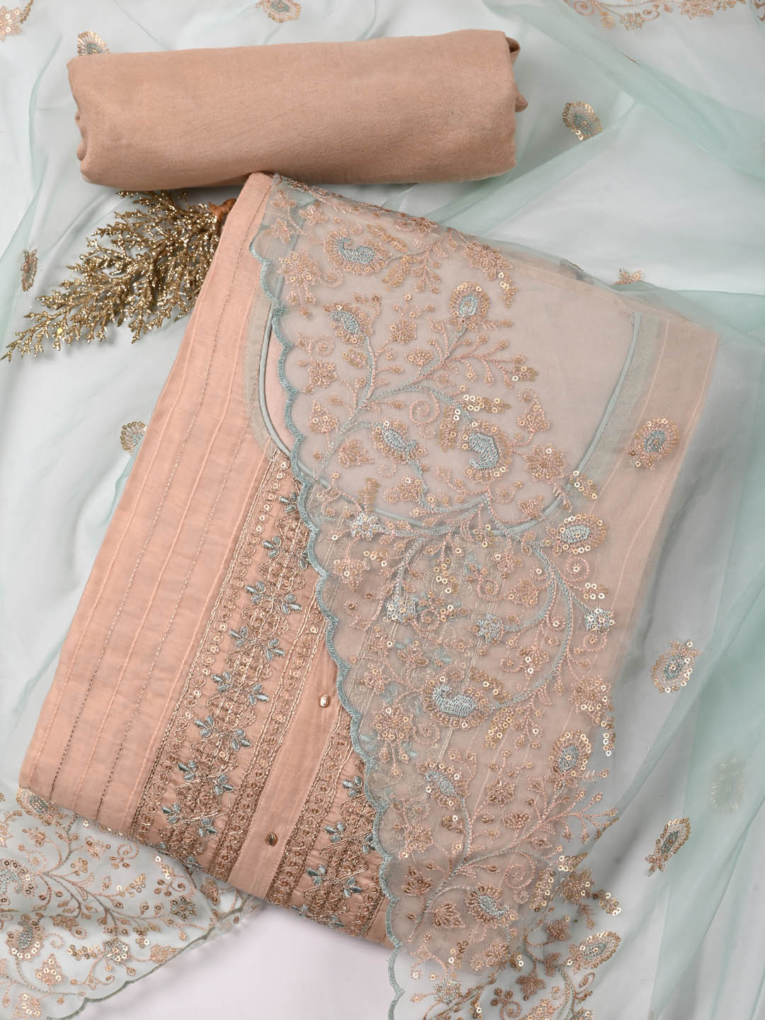 Neck Embroidered Chanderi Unstitched Suit Piece With Dupatta