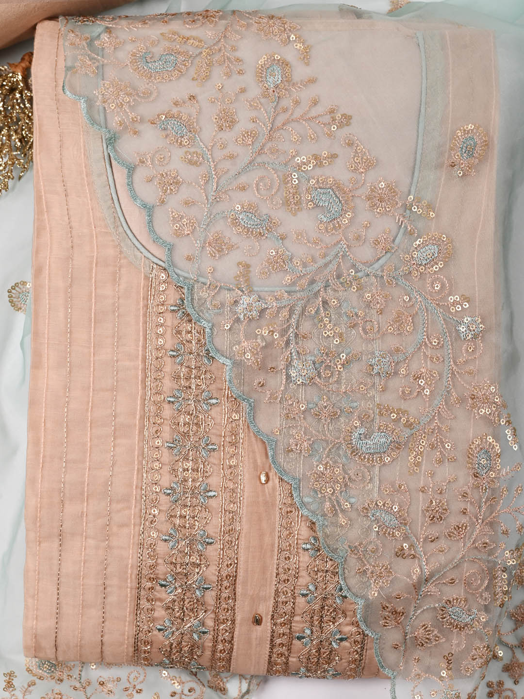 Neck Embroidered Chanderi Unstitched Suit Piece With Dupatta