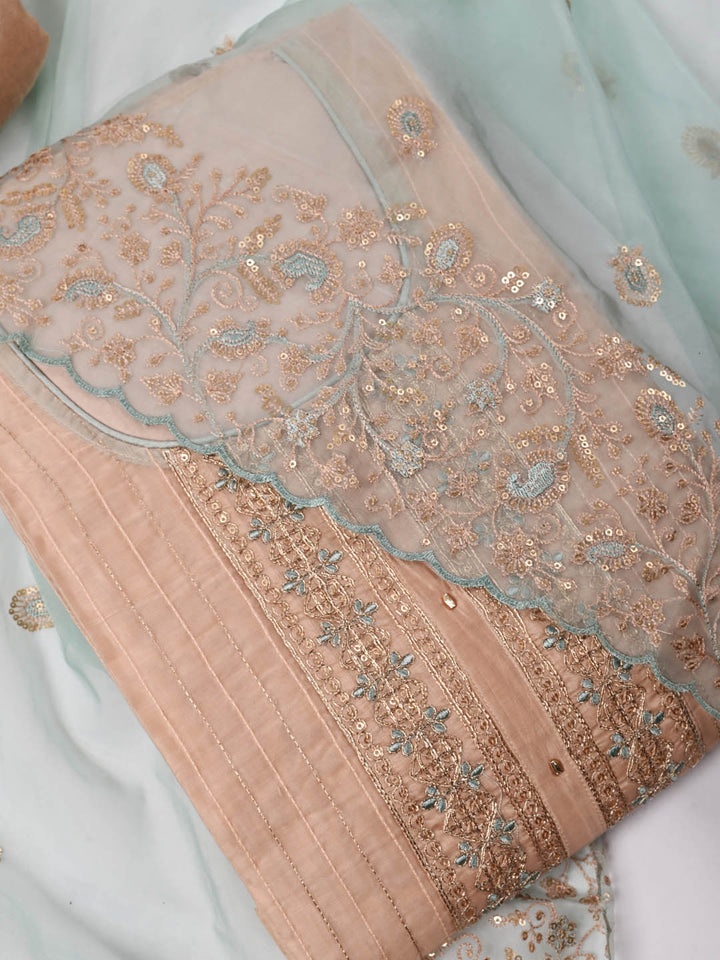 Neck Embroidered Chanderi Unstitched Suit Piece With Dupatta