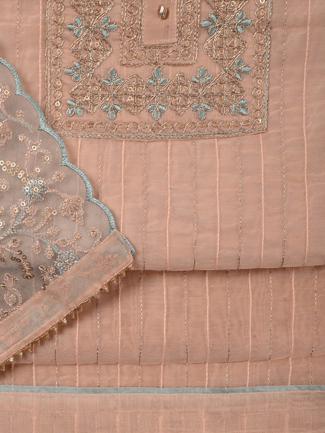 Neck Embroidered Chanderi Unstitched Suit Piece With Dupatta