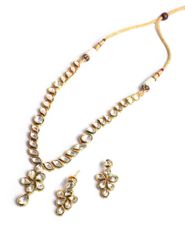 Golden &amp; White Kundan Necklace Set With Earrings