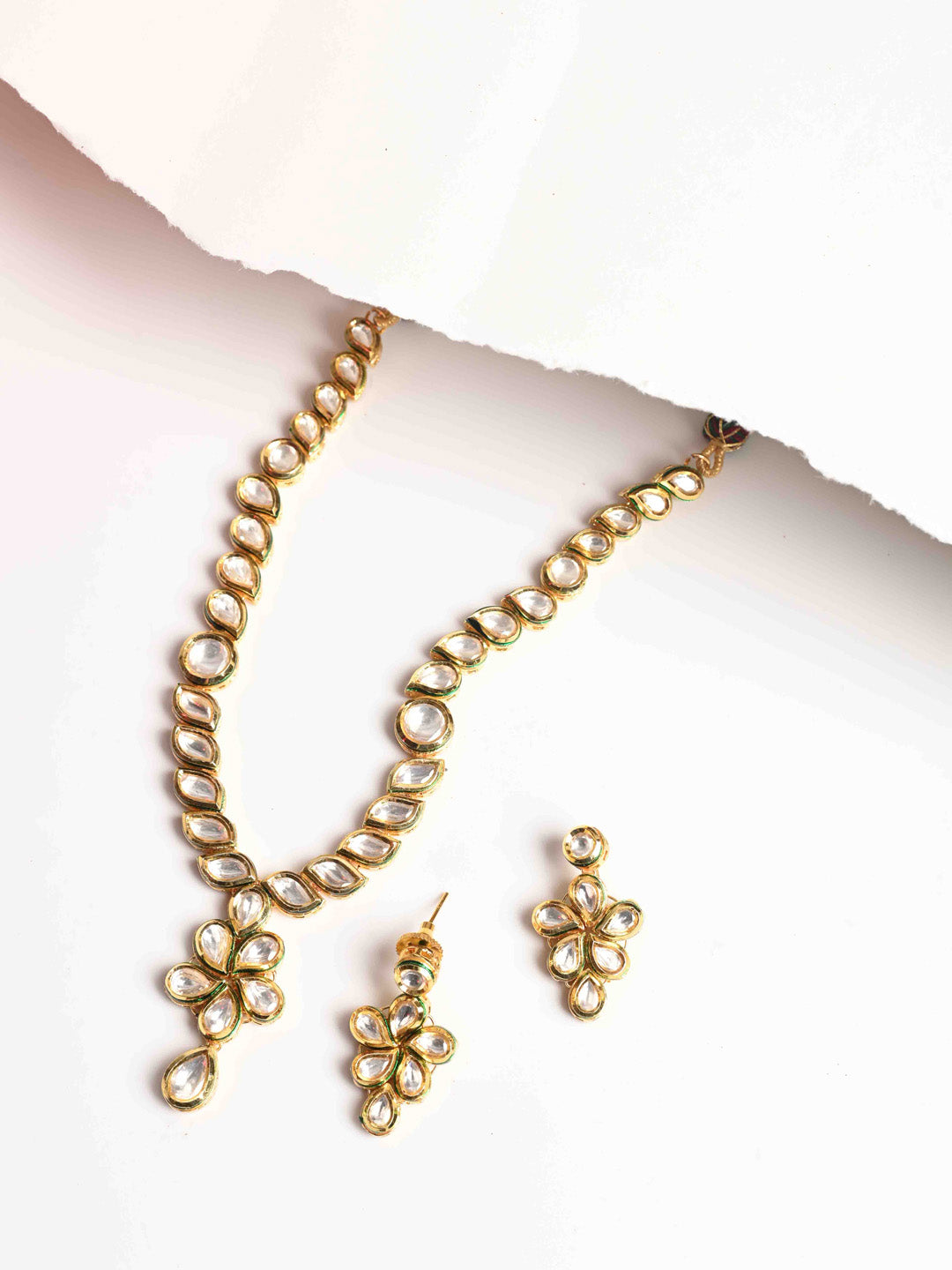 Golden &amp; White Kundan Necklace Set With Earrings