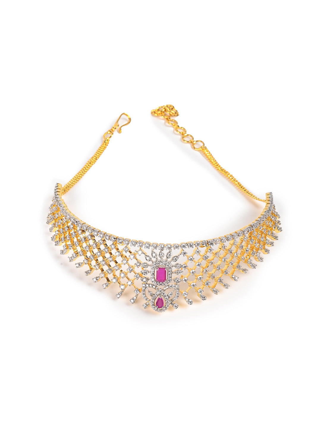 Golden &amp; Pink AD Necklace Set With Earrings